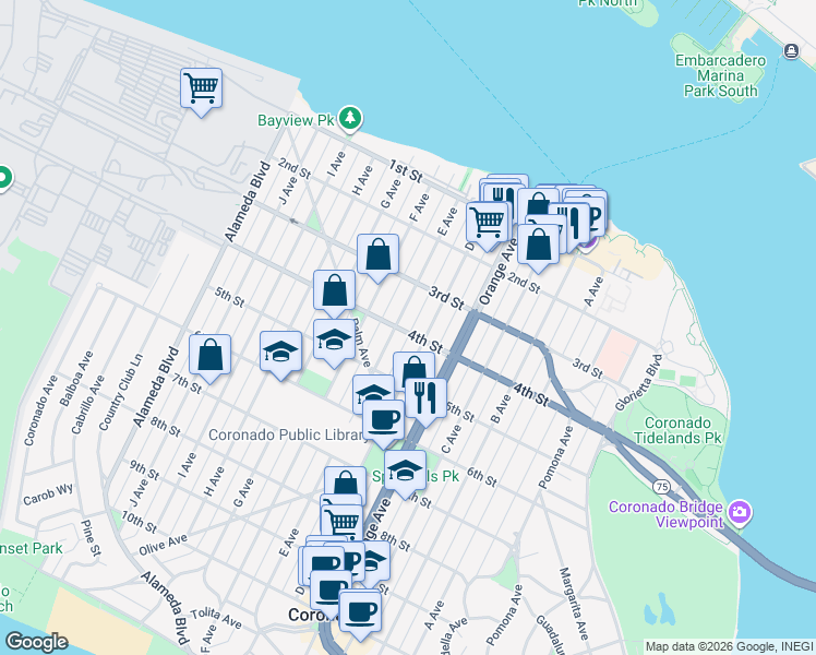 map of restaurants, bars, coffee shops, grocery stores, and more near 375 E Avenue in Coronado