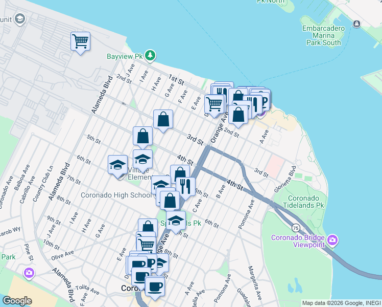 map of restaurants, bars, coffee shops, grocery stores, and more near 349 D Avenue in Coronado