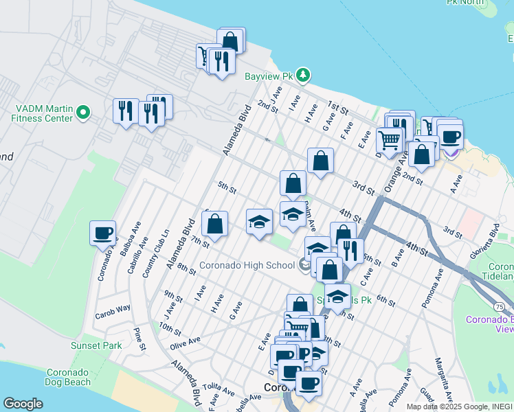 map of restaurants, bars, coffee shops, grocery stores, and more near 518 5th Street in Coronado