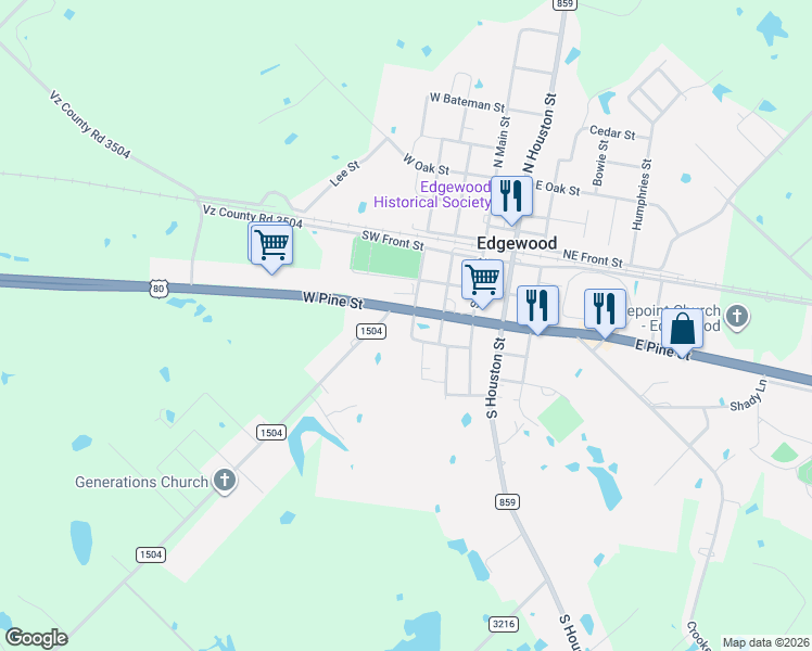 map of restaurants, bars, coffee shops, grocery stores, and more near 207 West Pine Street in Edgewood