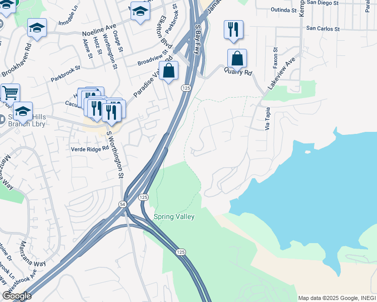 map of restaurants, bars, coffee shops, grocery stores, and more near 8753 Spring Canyon Drive in Spring Valley