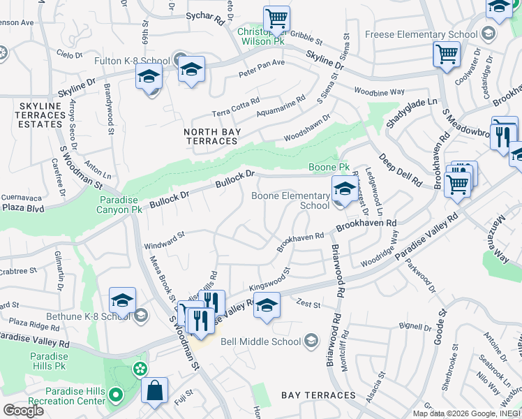 map of restaurants, bars, coffee shops, grocery stores, and more near 210 Shady Oak Road in San Diego