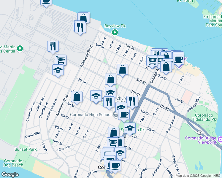 map of restaurants, bars, coffee shops, grocery stores, and more near 445 G Avenue in Coronado
