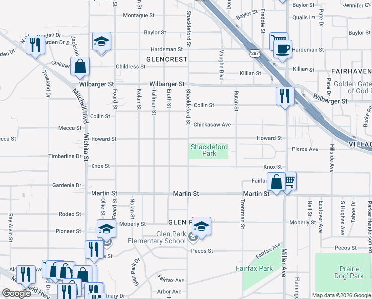 map of restaurants, bars, coffee shops, grocery stores, and more near 4616 Shackleford Street in Fort Worth