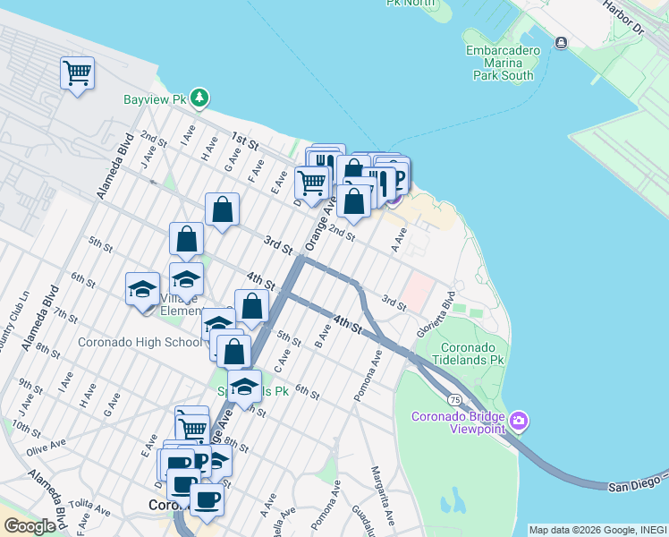 map of restaurants, bars, coffee shops, grocery stores, and more near 277 C Avenue in Coronado