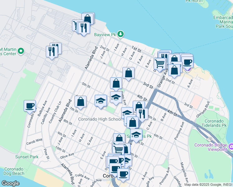 map of restaurants, bars, coffee shops, grocery stores, and more near 445 G Avenue in Coronado