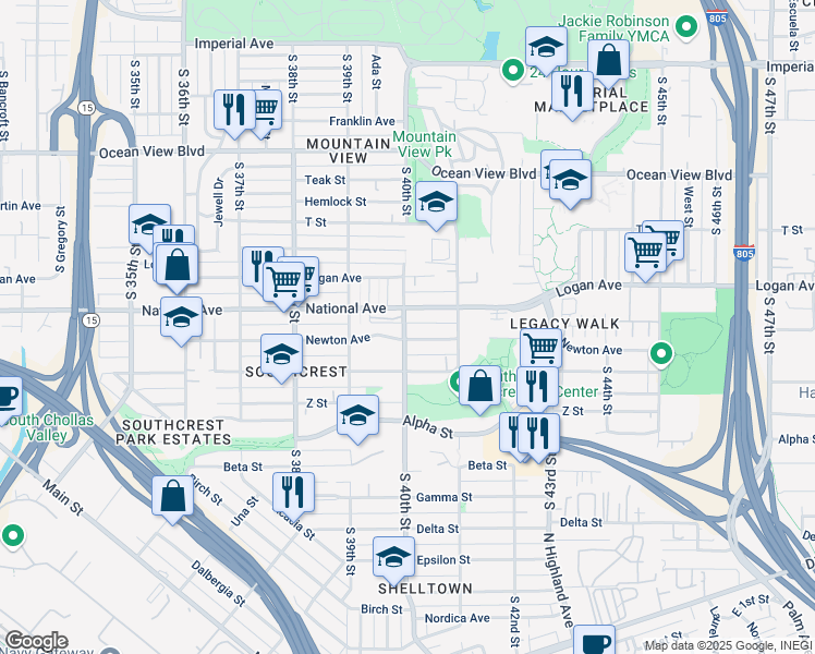 map of restaurants, bars, coffee shops, grocery stores, and more near 1029 South 40th Street in San Diego