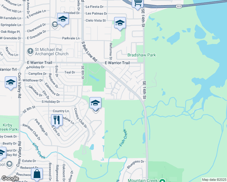 map of restaurants, bars, coffee shops, grocery stores, and more near 58 West Mountain Creek Drive in Grand Prairie
