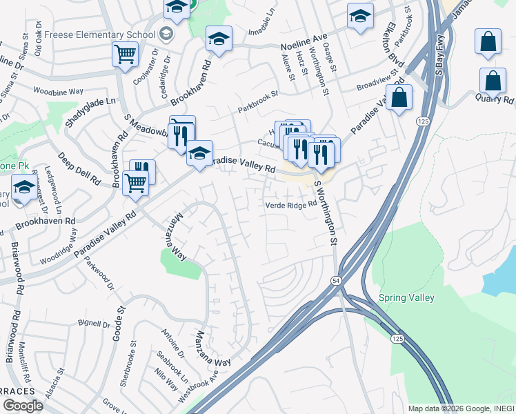 map of restaurants, bars, coffee shops, grocery stores, and more near 510 Bluffview Road in Spring Valley