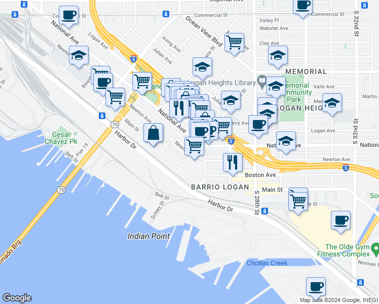 map of restaurants, bars, coffee shops, grocery stores, and more near 2282 1/2 Newton Avenue in San Diego