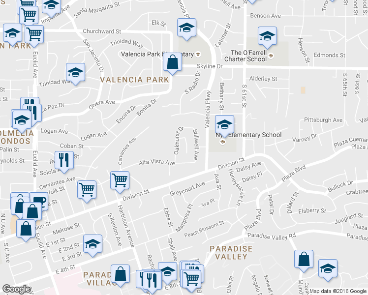 map of restaurants, bars, coffee shops, grocery stores, and more near 990 Gallery Court in San Diego