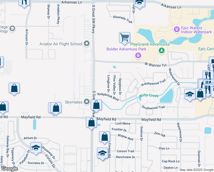 map of restaurants, bars, coffee shops, grocery stores, and more near 3149 Longbow Drive in Grand Prairie
