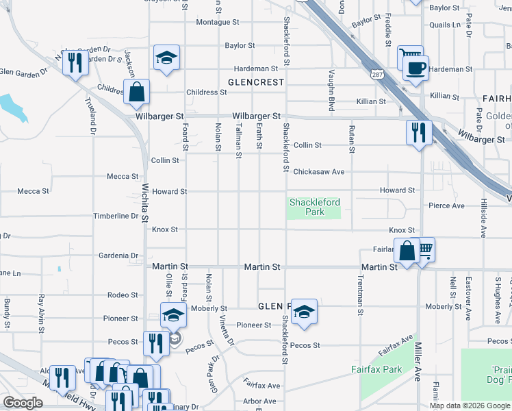 map of restaurants, bars, coffee shops, grocery stores, and more near 4616 Erath Street in Fort Worth