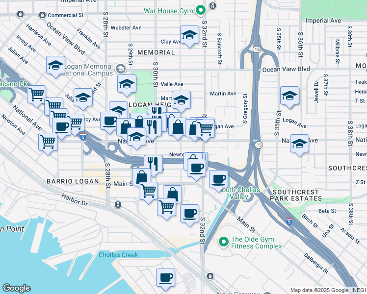 map of restaurants, bars, coffee shops, grocery stores, and more near 1020 South 31st Street in San Diego