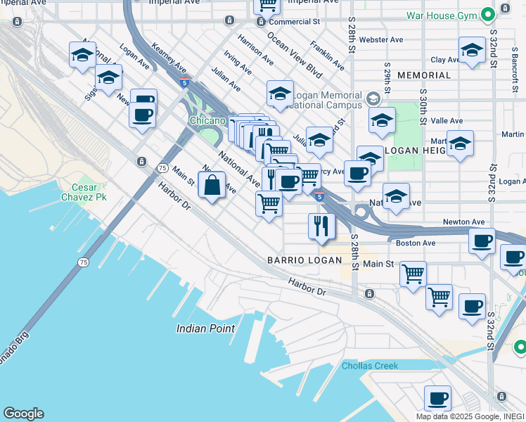 map of restaurants, bars, coffee shops, grocery stores, and more near 2282 1/2 Newton Avenue in San Diego