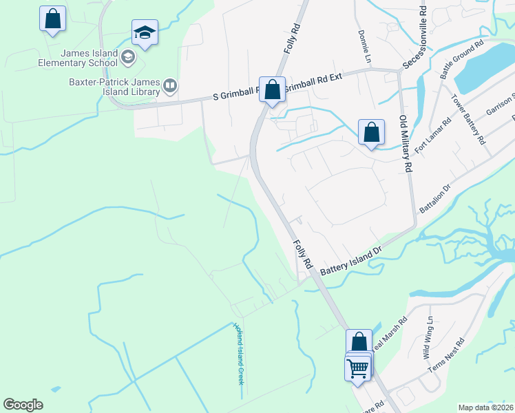 map of restaurants, bars, coffee shops, grocery stores, and more near 1775 Folly Road in Charleston