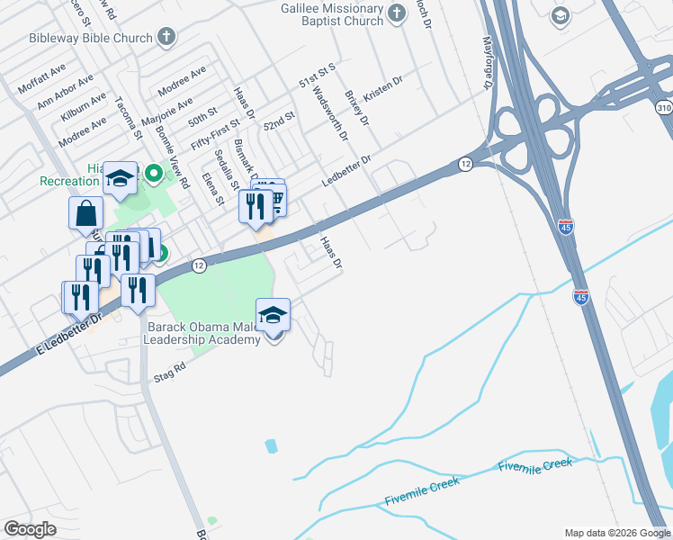 map of restaurants, bars, coffee shops, grocery stores, and more near 5018 Haas Drive in Dallas