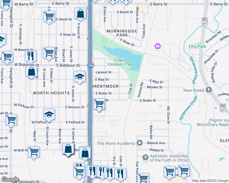map of restaurants, bars, coffee shops, grocery stores, and more near 927 East Butler Street in Fort Worth
