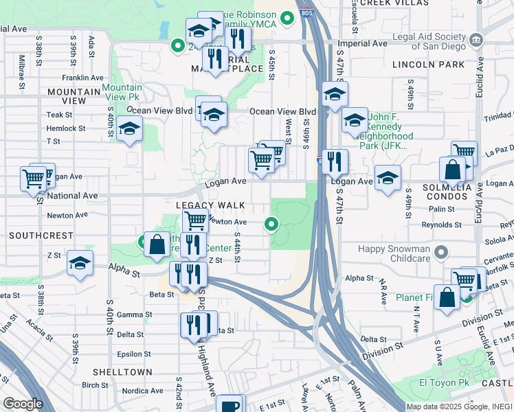 map of restaurants, bars, coffee shops, grocery stores, and more near 1018 South 45th Street in San Diego