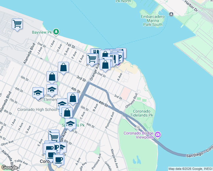 map of restaurants, bars, coffee shops, grocery stores, and more near 247 B Avenue in Coronado