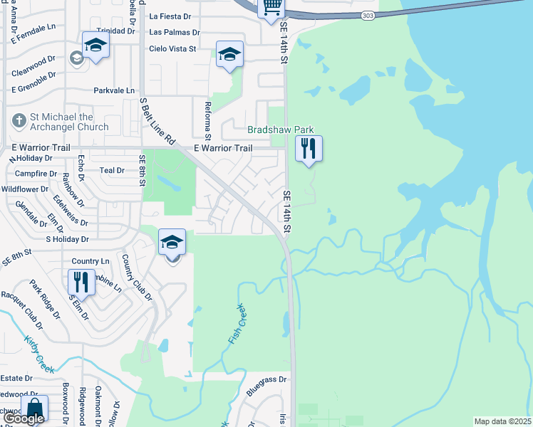 map of restaurants, bars, coffee shops, grocery stores, and more near 1 East Mountain Lane in Grand Prairie