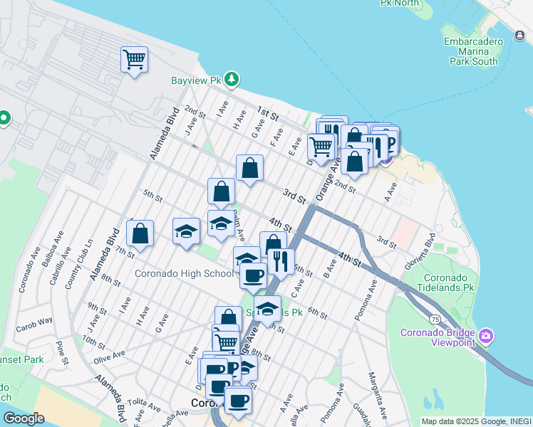 map of restaurants, bars, coffee shops, grocery stores, and more near 375 E Avenue in Coronado