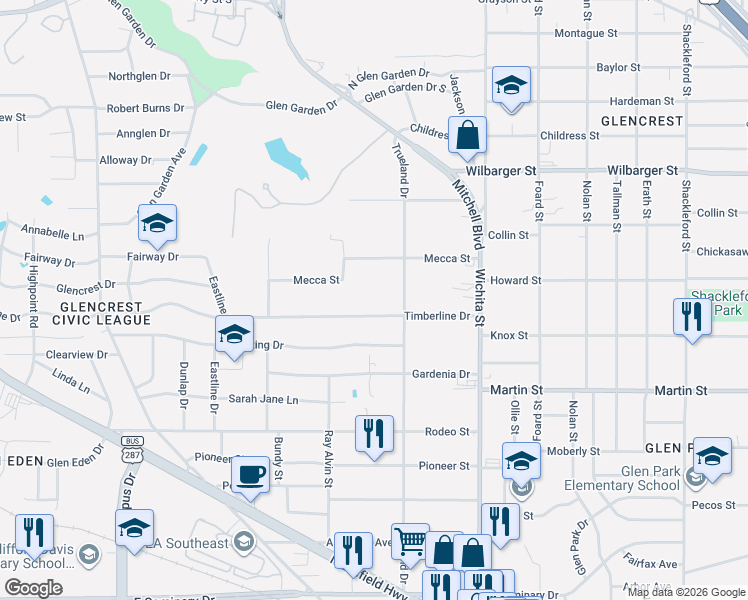 map of restaurants, bars, coffee shops, grocery stores, and more near 3015 Timberline Drive in Fort Worth