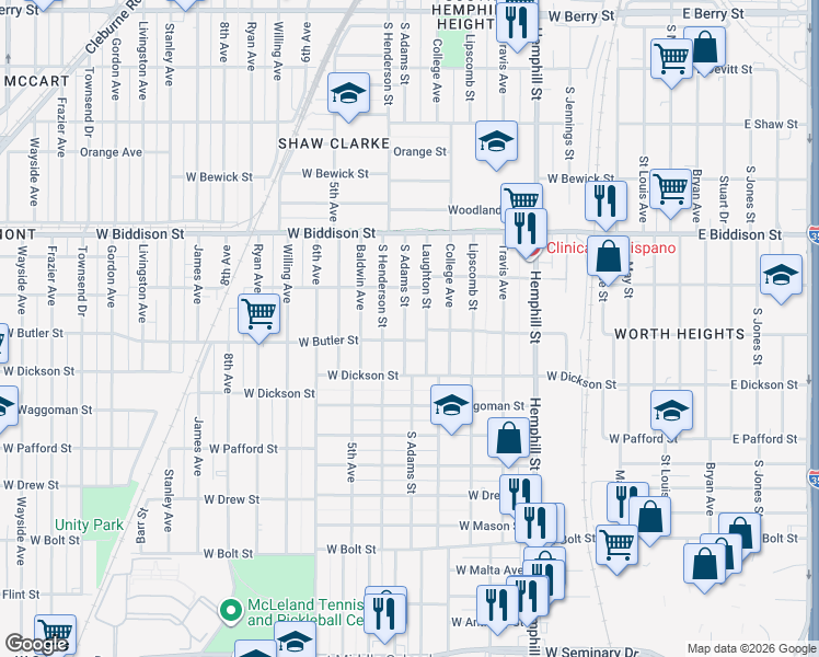 map of restaurants, bars, coffee shops, grocery stores, and more near 3637 South Adams Street in Fort Worth