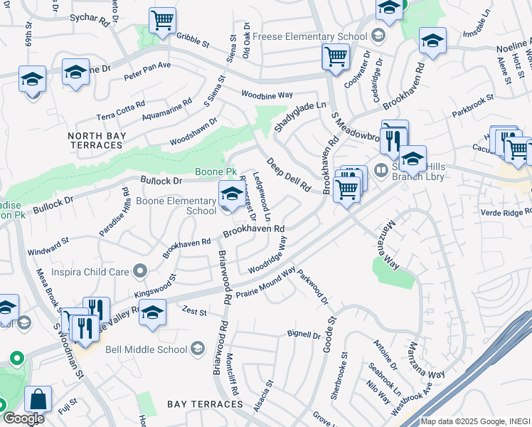 map of restaurants, bars, coffee shops, grocery stores, and more near 62 Ledgewood Lane in San Diego