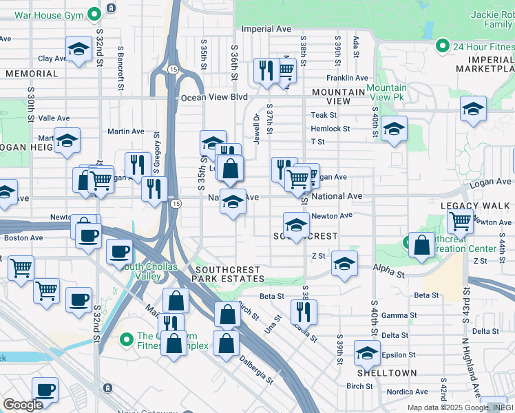 map of restaurants, bars, coffee shops, grocery stores, and more near 1021 Goodyear Street in San Diego