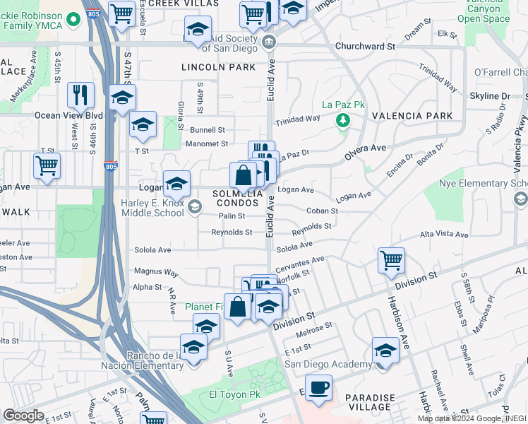 map of restaurants, bars, coffee shops, grocery stores, and more near 5096 Palin Street in San Diego