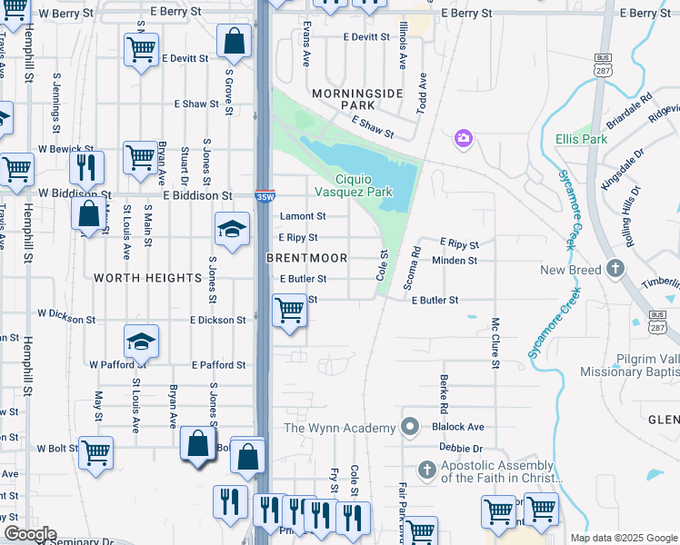 map of restaurants, bars, coffee shops, grocery stores, and more near 927 East Butler Street in Fort Worth