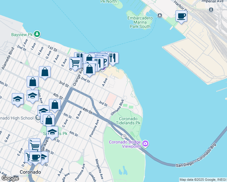 map of restaurants, bars, coffee shops, grocery stores, and more near 1515 2nd Street in Coronado