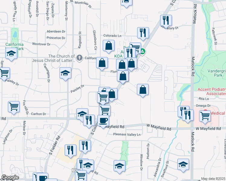 map of restaurants, bars, coffee shops, grocery stores, and more near 3022 South Cooper Street in Arlington