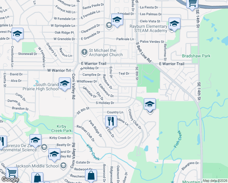 map of restaurants, bars, coffee shops, grocery stores, and more near 605 Rainbow Drive in Grand Prairie