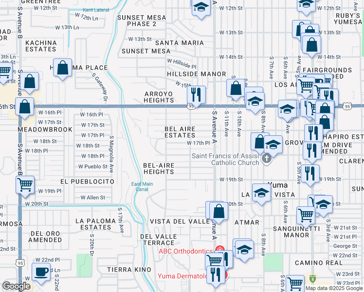 map of restaurants, bars, coffee shops, grocery stores, and more near 1325 West 17th Place in Yuma