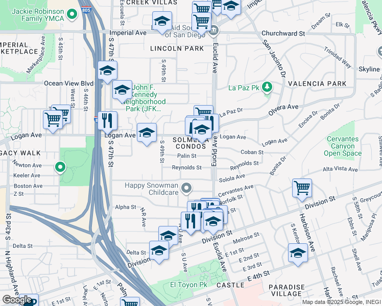 map of restaurants, bars, coffee shops, grocery stores, and more near 5034 Palin Street in San Diego