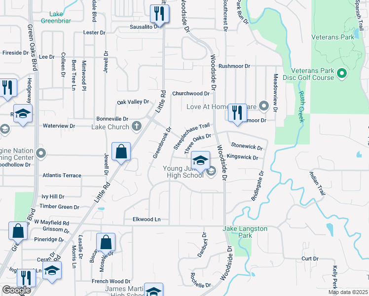 map of restaurants, bars, coffee shops, grocery stores, and more near 4409 Three Oaks Drive in Arlington