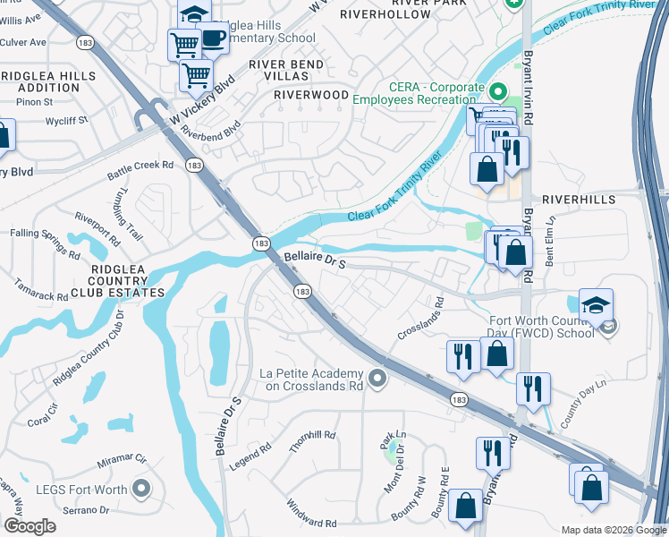map of restaurants, bars, coffee shops, grocery stores, and more near 3801 Levee Circle East in Benbrook