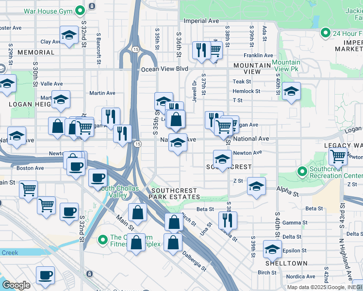 map of restaurants, bars, coffee shops, grocery stores, and more near 1013 South 36th Street in San Diego