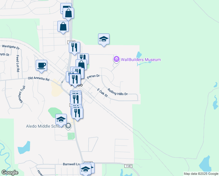 map of restaurants, bars, coffee shops, grocery stores, and more near 413 Rolling Hills Dr in Aledo