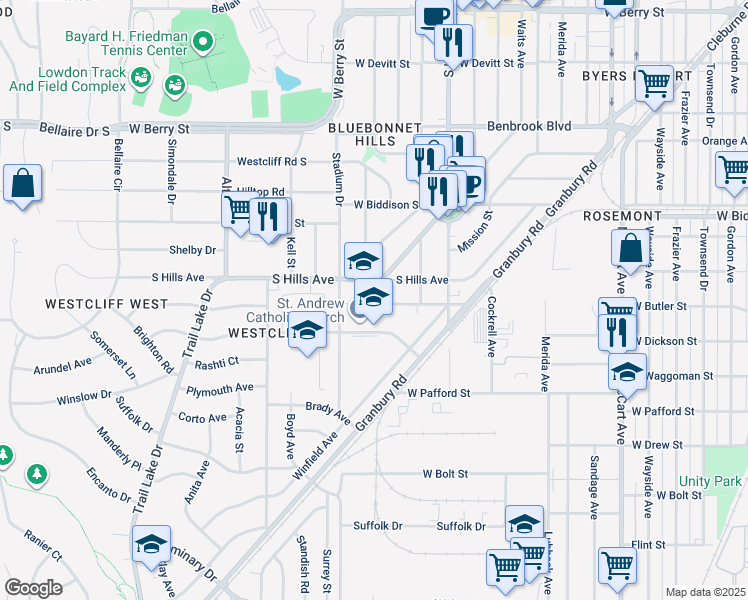 map of restaurants, bars, coffee shops, grocery stores, and more near 3201 South Hills Avenue in Fort Worth