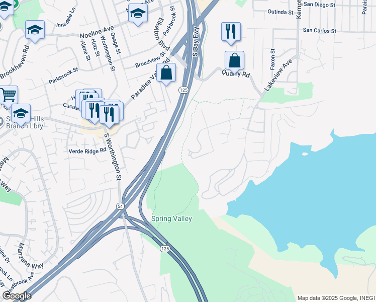 map of restaurants, bars, coffee shops, grocery stores, and more near 8812 Spring Canyon Drive in Spring Valley