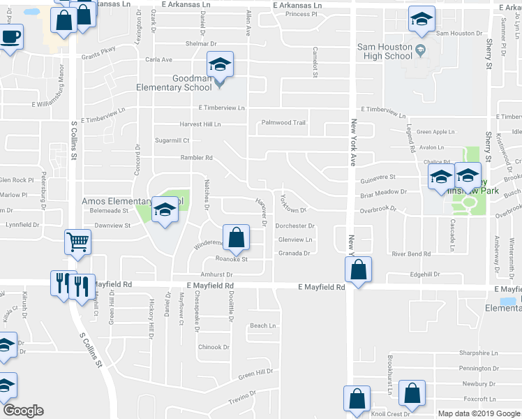 map of restaurants, bars, coffee shops, grocery stores, and more near 1607 Vanderbilt Drive in Arlington