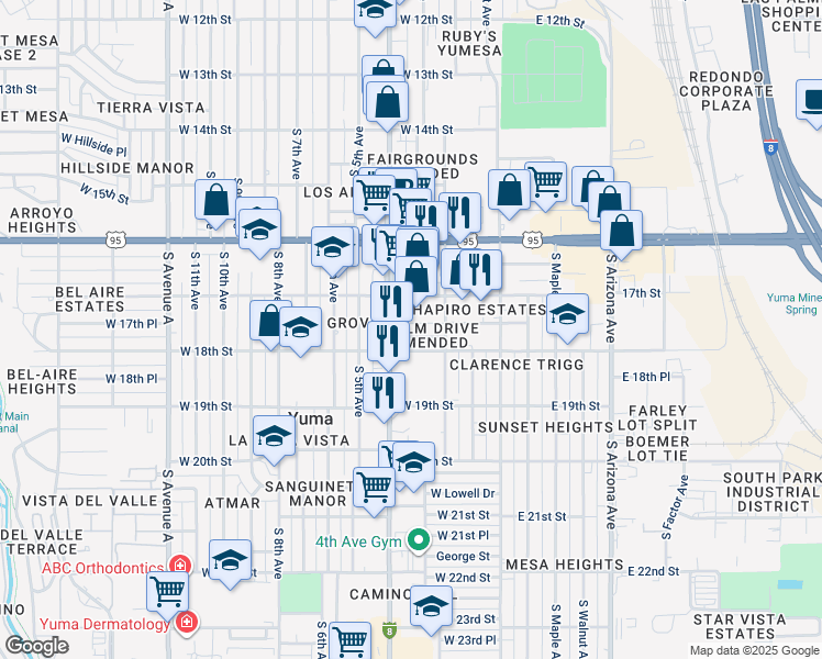 map of restaurants, bars, coffee shops, grocery stores, and more near 310-398 W 17th Pl in Yuma