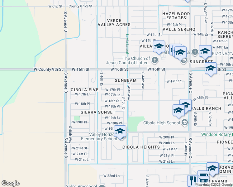 map of restaurants, bars, coffee shops, grocery stores, and more near 4580 West 17th Lane in Yuma