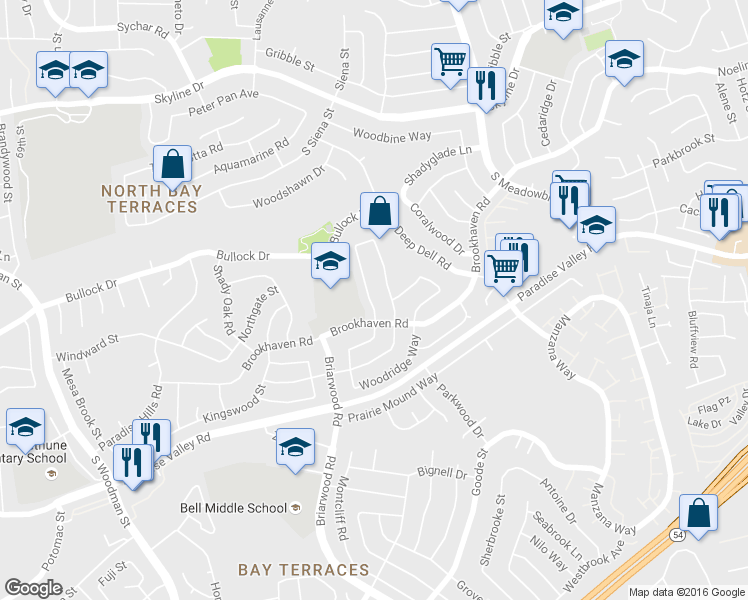 map of restaurants, bars, coffee shops, grocery stores, and more near 62 Ledgewood Lane in San Diego