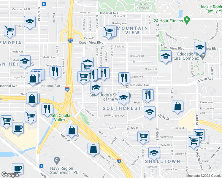 map of restaurants, bars, coffee shops, grocery stores, and more near 1021 Goodyear Street in San Diego