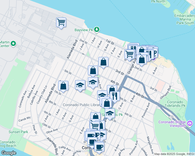map of restaurants, bars, coffee shops, grocery stores, and more near 431 F Avenue in Coronado
