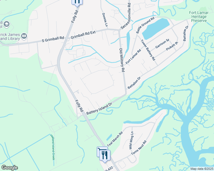 map of restaurants, bars, coffee shops, grocery stores, and more near 1050 Clearspring Drive in Charleston